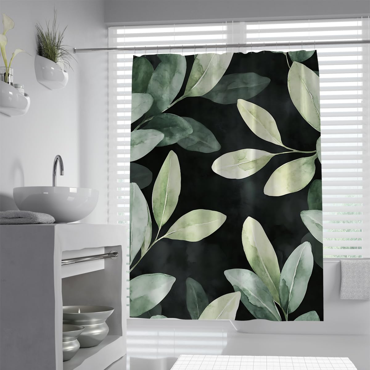 UIRINGART Abstract Sage Green Leaves Dark Shower Curtain W200xL240cm Modern Botanical Foliage Plant Anti Mould Machine Washable Bathroom Screen Rustproof Grommets
