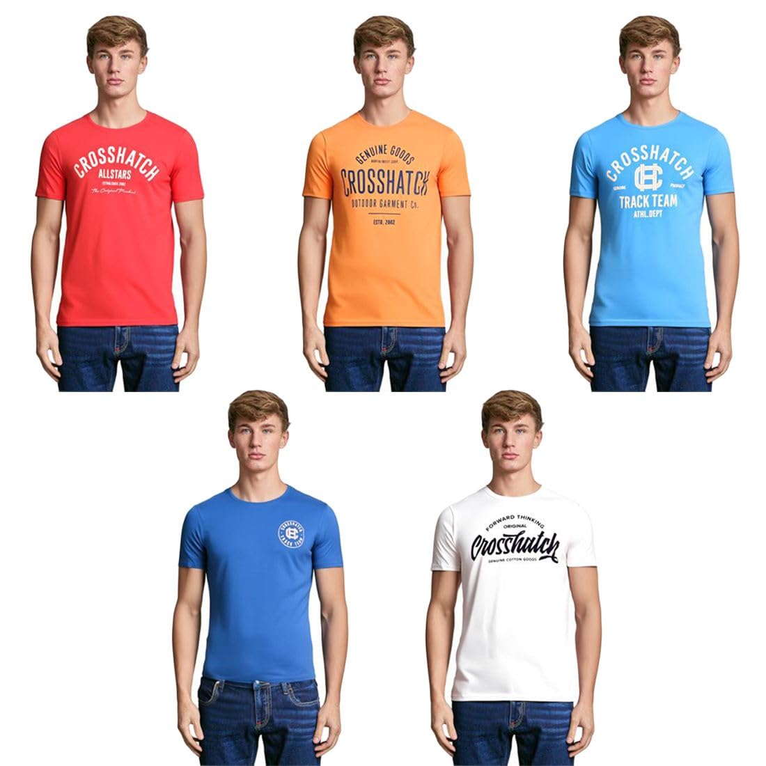 Crosshatch Mens Weymouth 5 Pack Graphic Tees Crew Neck Soft Cotton Assorted Designs Short Sleeve Designer Multipack Assorted 5 Pack XL