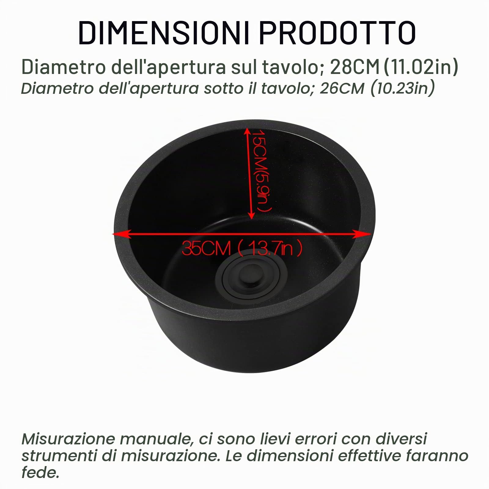 Lavandino Rotondo Nero per Ristrutturazione Cucina e Bagno (35cm, Nero)