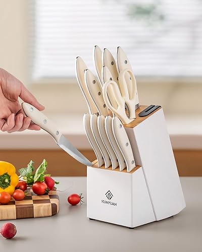 Miniatura 7 de KUNYUAN - Juego de cuchillos de 15 piezas para cocina, juego de cuchillos de acero inoxidable alemán de alto carbono con bloque afilador integrado,