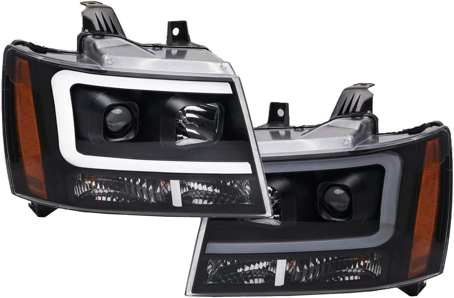 TRQ 2 Piece Headlight Assembly Set Projection Style LED C Light Bar Black Bezel Driver & Passenger Side Compatible with Chevrolet Avalanche Suburban 2500 2007-2013 Tahoe Suburban 1500 2007-2014 HLA71033