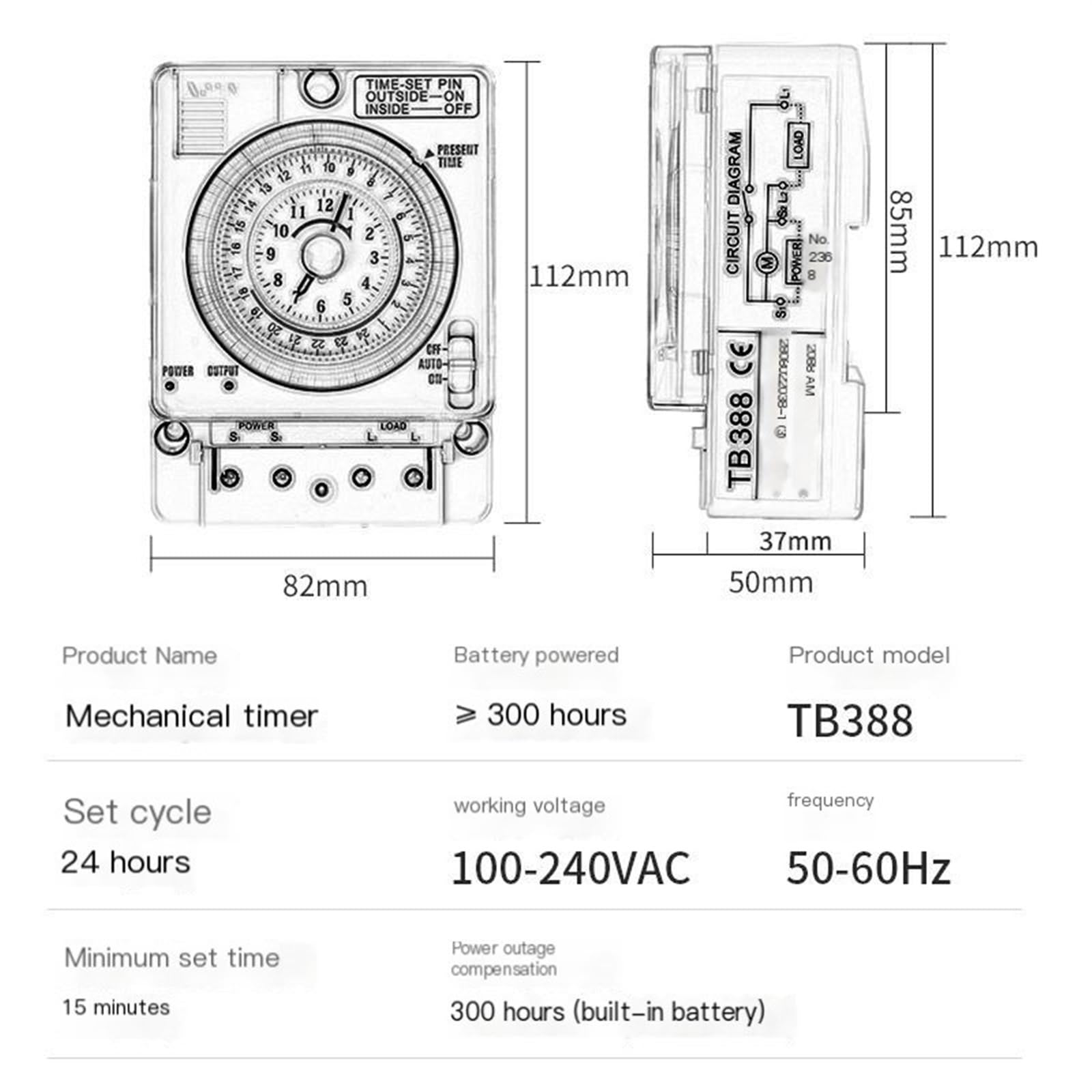 Mechanische Zeitschaltuhr TB388, Korridor-Timer, Zeitschaltuhr (Size : 380VAC)