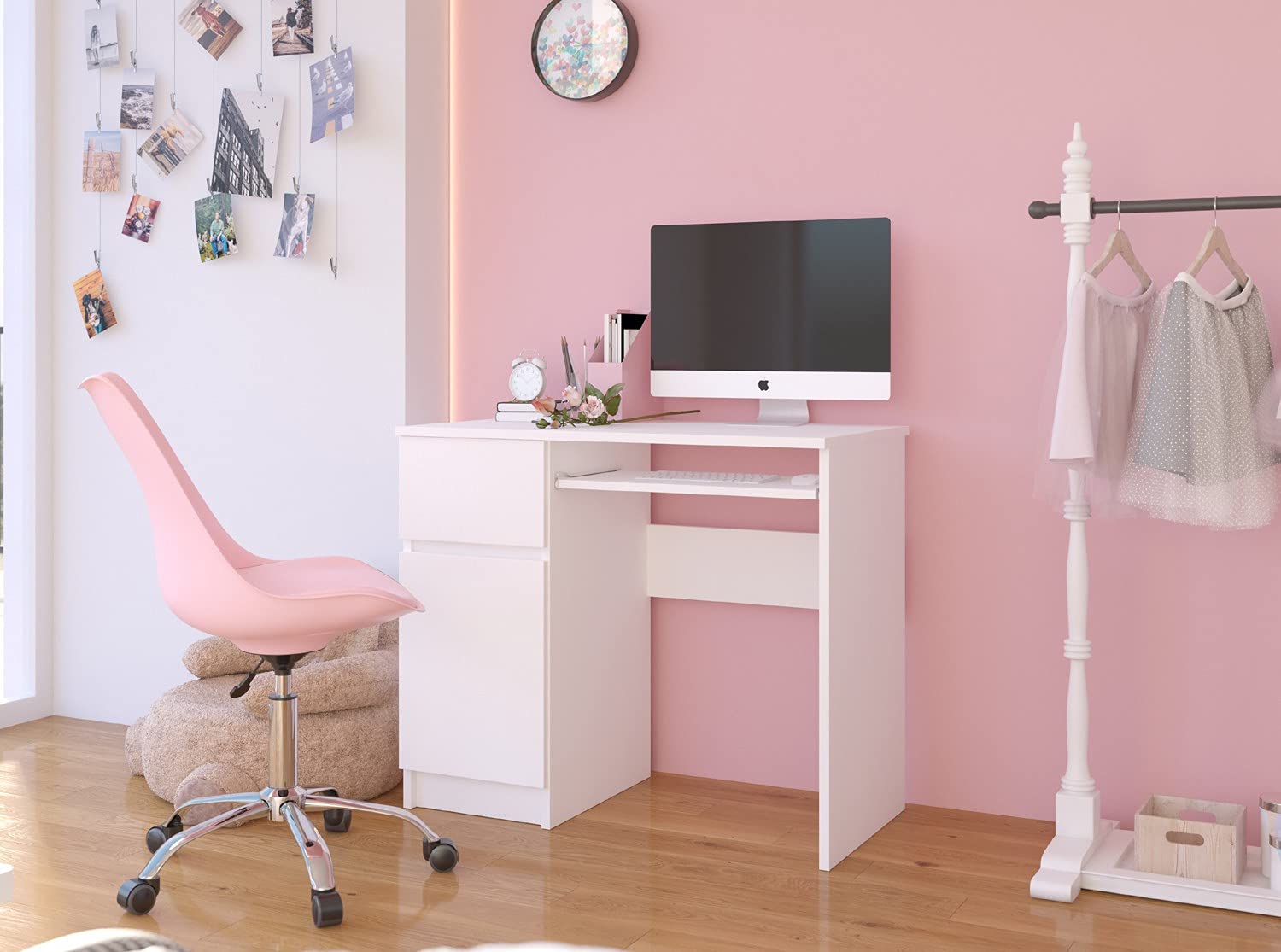 AKORD Bureau Ordinateur Piksel avec Tablette Coulissante Clavier | Simple avec Rangement | 1 Tiroir et 1 Compartiment avec Porte | Desk | Table d’Ordinateur | L90 x H77 x P50 cm | Blanche