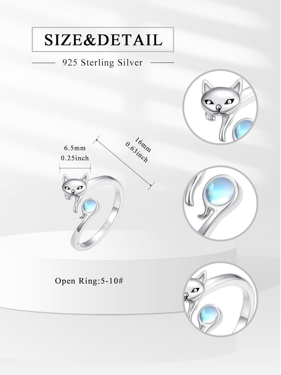 Highland Cow/Cat/Dragon Rings 925 Sterling Silver Open Adjustable Moonstone Rings with Daisy Cow Jewelry Gift for Women - Image 5