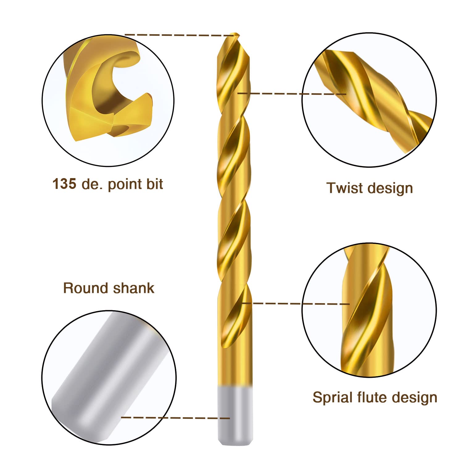 EnerTwist Juego de brocas de titanio para metal y madera, 230 piezas, anti-caminata 135° recubierto HSS