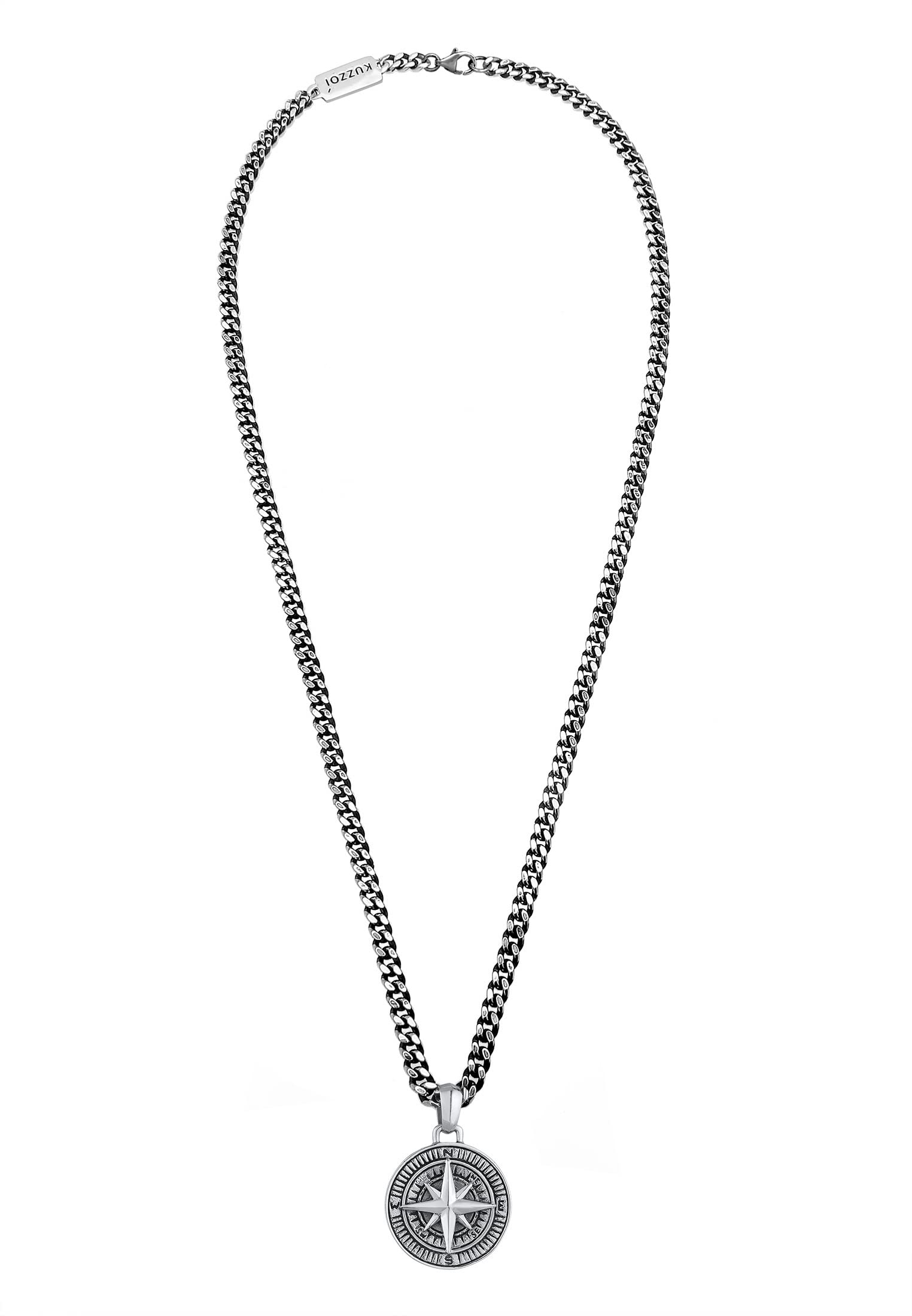 Kuzzoi Collar plata de ley 925 oxidada para hombre con colgante brújula 34 mm, longitud 50 cm | Longitud de la cadena de eslabones de 50 cm para hombre con colgante