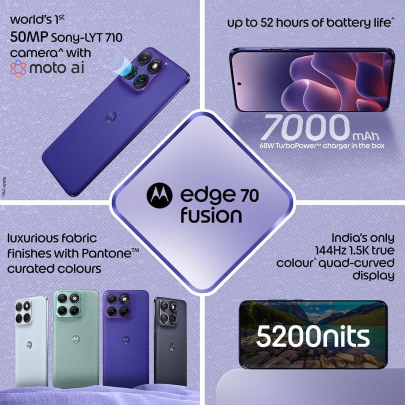 Image of Motorola Edge 70 Fusion 5G (Pantone Orient Blue, 8GB RAM, 128GB Storage) | AI Features | 6.78-inch 144Hz AMOLED | Snapdragon 7s Gen 4 | 50MP + 13MP Camera | 32MP Selfie | 7000mAh | 68W TurboPower