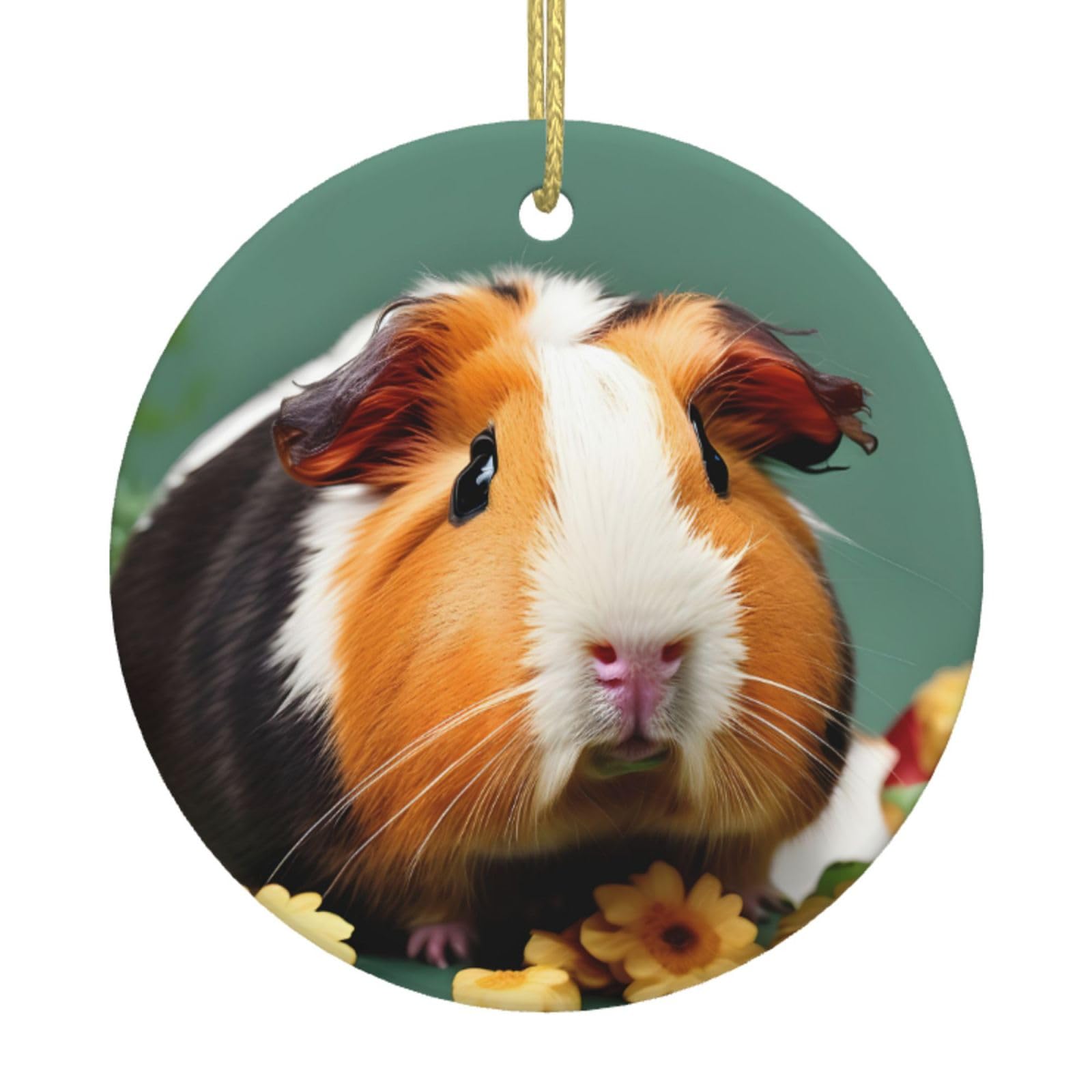 Flower Guinea Pig Print Christmas Ornaments, Ceramic Hanging Ornament, Round Shape Decorations