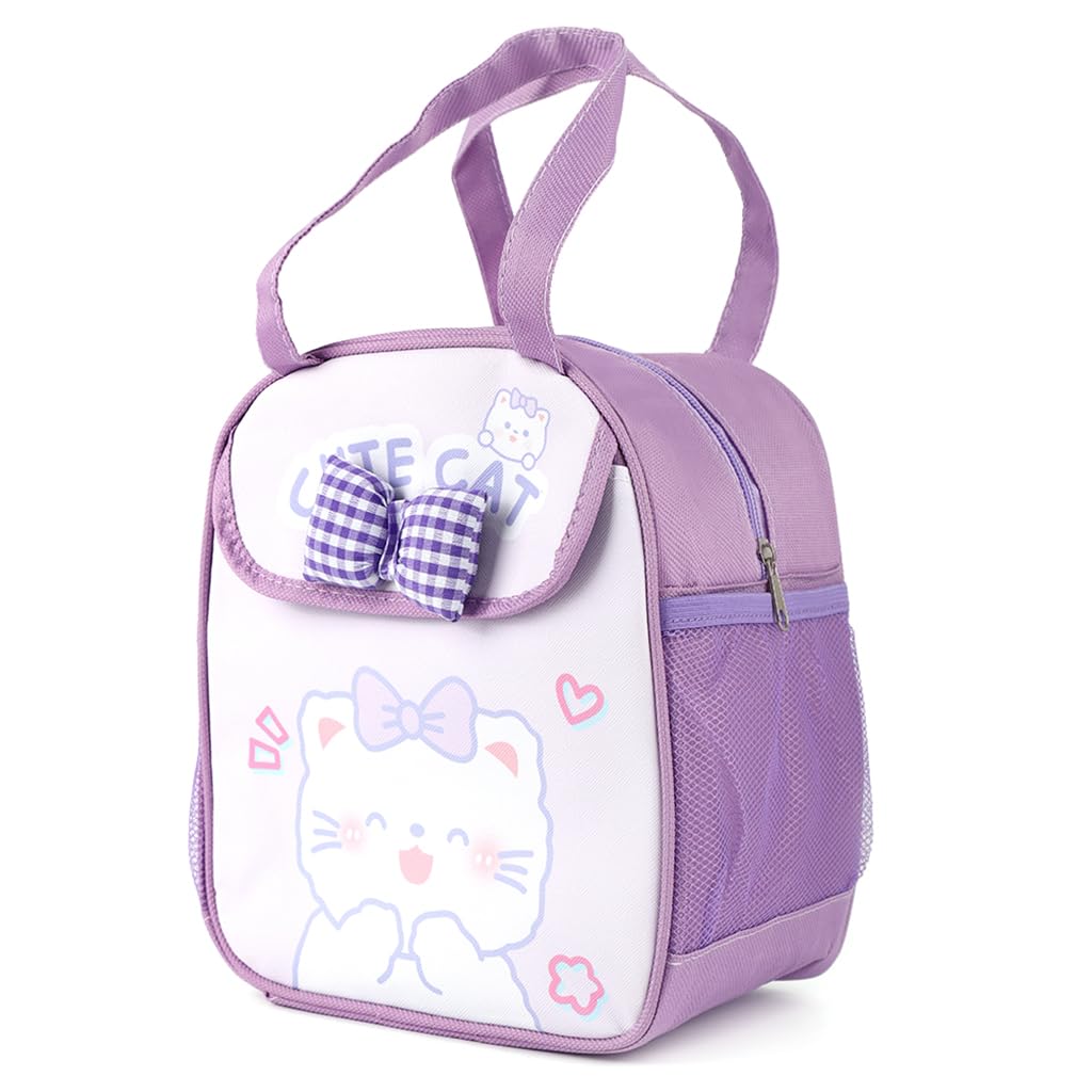 HASTHIP® School Lunch Box Bag, Lunch Bag for Kids Girls, Tiffin Bag for Kids, Cute Cartoon Bunny Thermal Lunch Box Bag with Insulated Foil Liner Side Pocket & Front Pouch Portable, Pouch-Purple, 6L-image-45