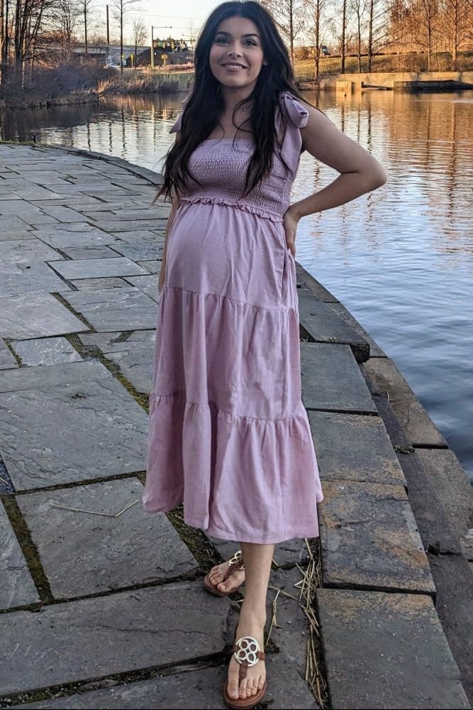 PinkBlush Bow Strap Tiered Maternity Midi Dress