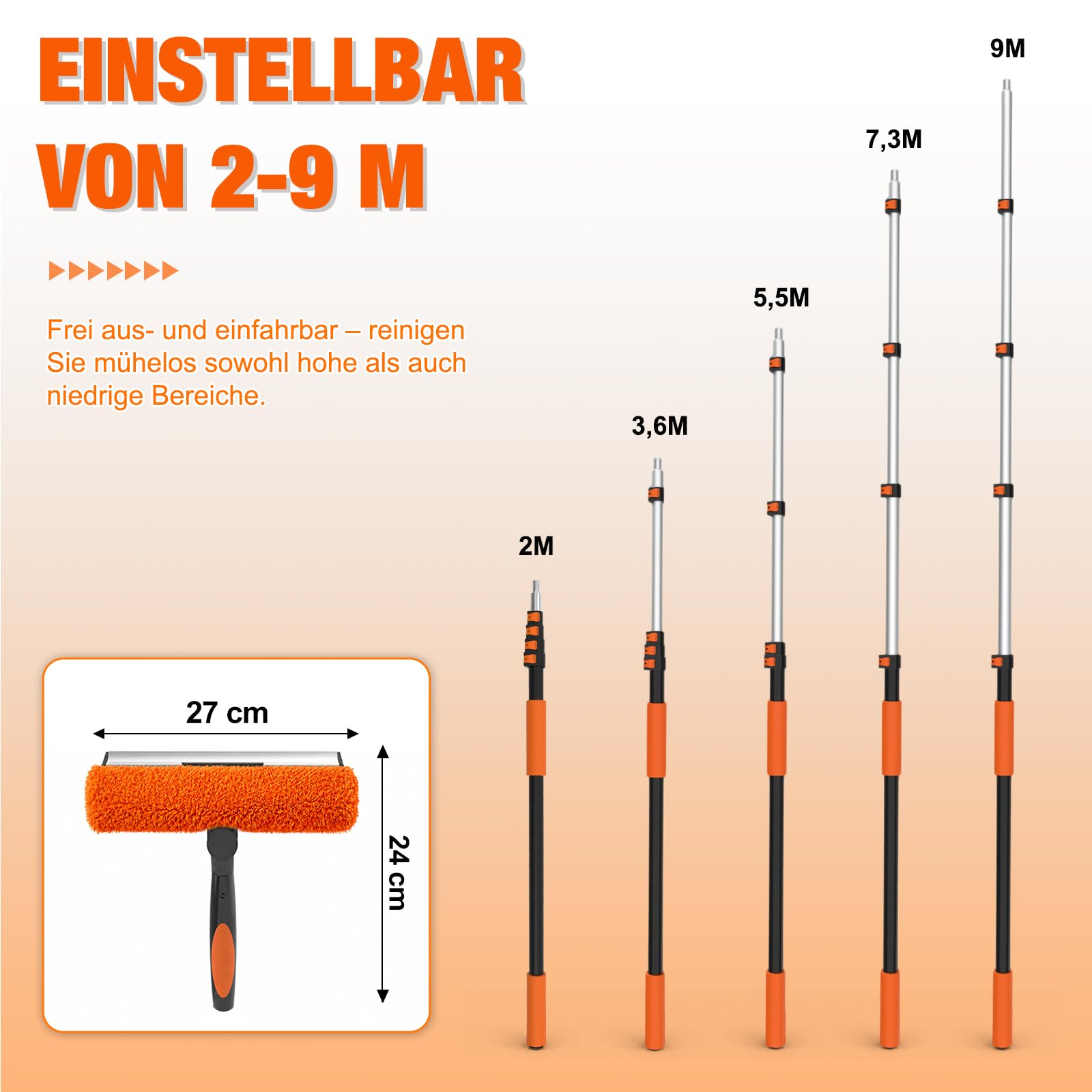 LAANPOLE 9m Fensterputzer Teleskop, 2-in-1 Fensterabzieher für die Fensterreinigung, Fensterwischer mit Teleskopstiel für den Außen- und Innenbereich