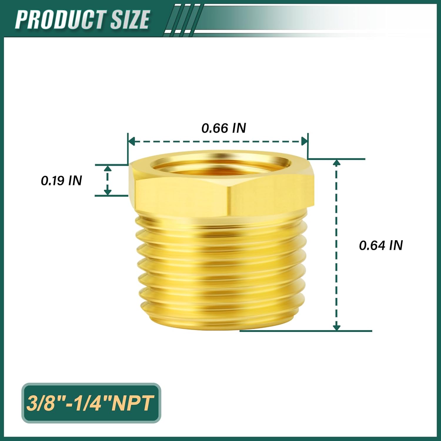 10PCS Brass Reducer Hex Bushing Threaded Pipe Fitting, 3/8" NPT Male x 1/4" NPT Female, Reducing Pipe Adapter Fitting, for Air/Fuel/Water/Gas/Oil