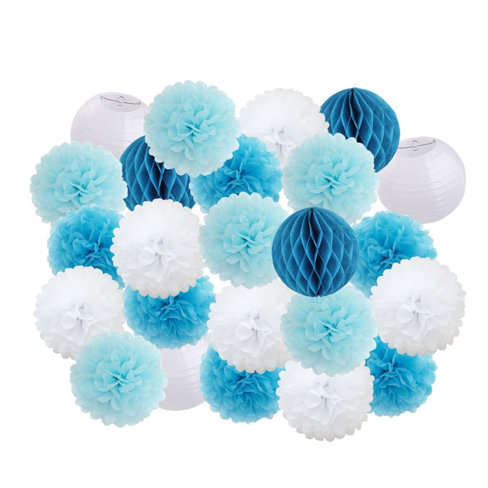 Paper Pompom 24pcs Party Favor Hanging Paper Pompom Boy Girl Birthday Dark Blue Wedding Events Decoration White Lanterns for Party(Blue Set,Large-12inch)