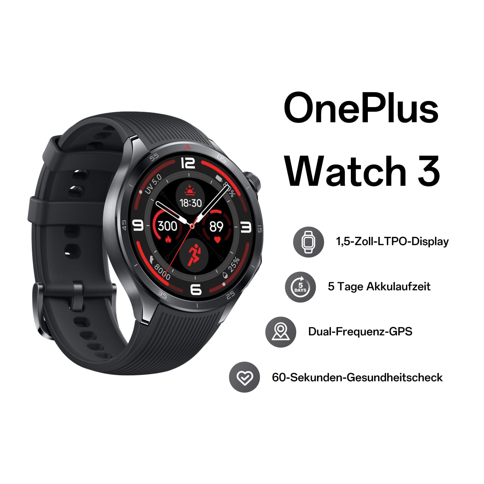 OnePlus Smartwatch 3, 22 mm Armband 1,5-Zoll-LTPO-Display Schnellladung 120 Stunden Akkulaufzeit 100 Sportmodi Zweifrequenz-GPS-Tracking 60-Sekunden-Gesundheitscheck