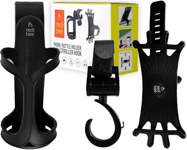 PRAM STROLLER BOTTLE/CUP HOLDER, PHONE HOLDER, BUGGY BAG HOOKS - Universal Pushchair Accessories Pack with Cupholder, Mobile Holder, And Pram Clip from TEDIBEE
