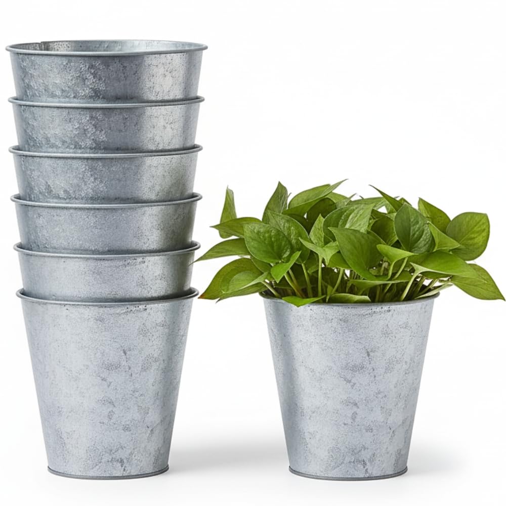 Galvanized Tall Pots with Handles - Set of 3 Metal Vases - Wedding, Event and Rustic Farmhouse Home Decor