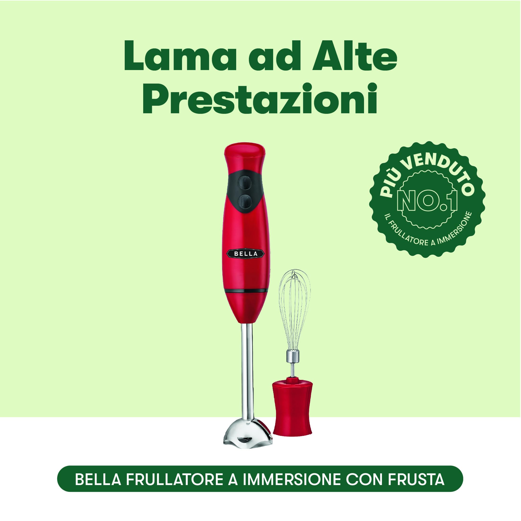 bella Frullatore a Immersione, Mixer Portatile Compatto con Accessorio Frusta per Succhi, Frullati, Cibo per Bambini e Smoothie, Senza BPA, Acciaio Inossidabile, Rosso