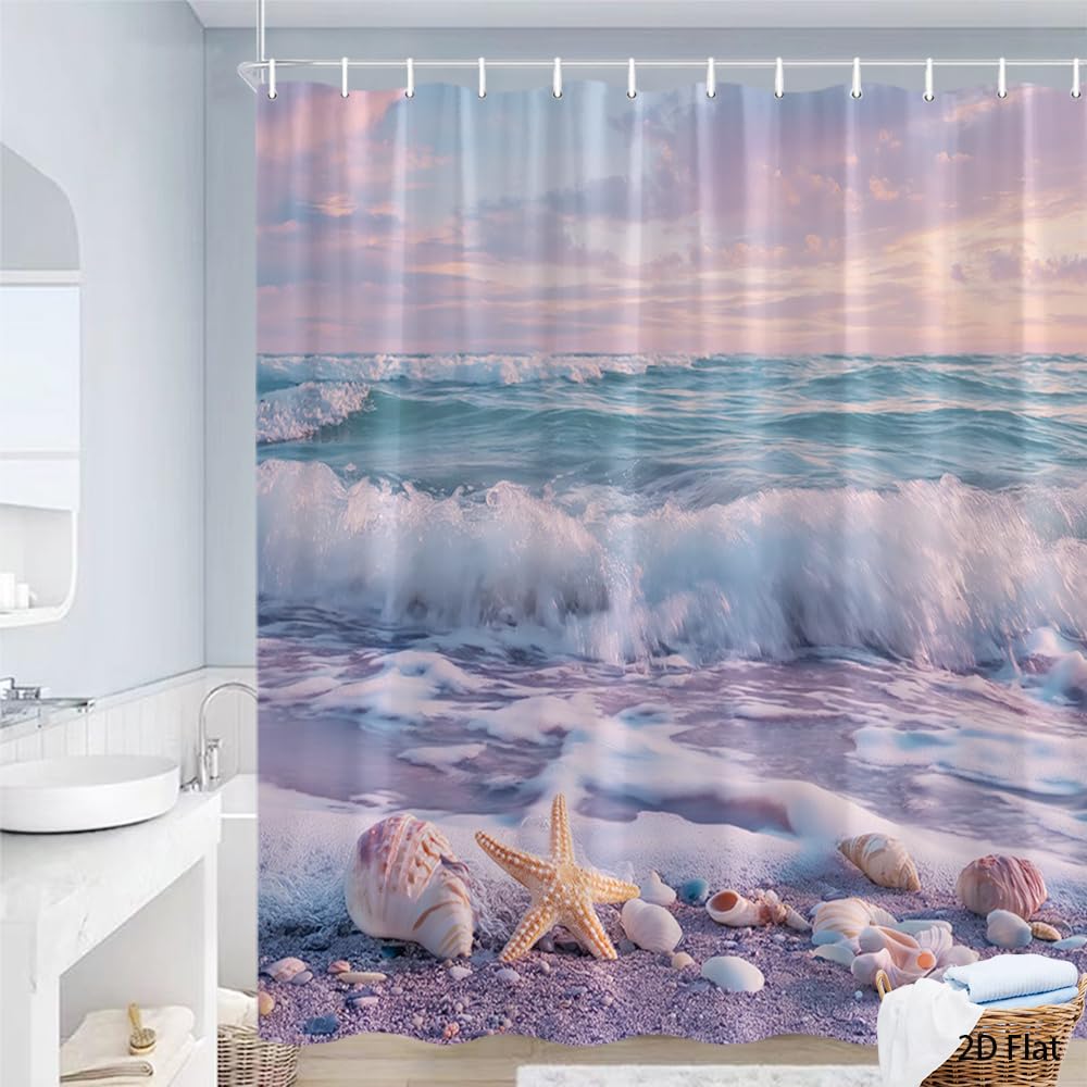 Glwdmb H-18 1 Piece 150X180cm Beautiful Ocean Beach Landscape Printed Shower Curtain With Hook, Polyester, For Windows And Walls, Bathtub, Bathroom, Machine Washable, All Season Universal