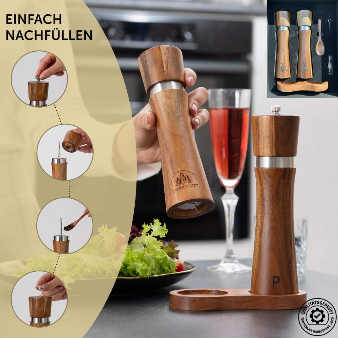 Salz und Pfeffermühle (5-teilig) Gewürzmühlen aus Holz mit Untersetzer Löffel und Bürste Keramikmahlwerk Akazienholz Design Premium Magnetbox