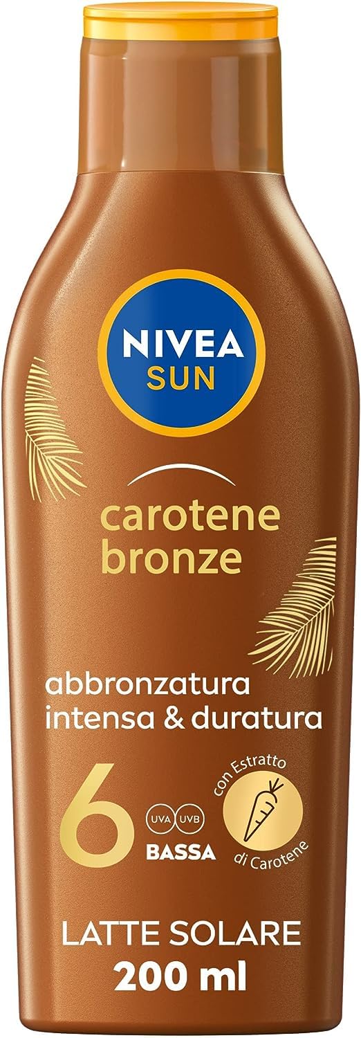 NIVEA SUN Latte Solare Carotene Bronze FP 6 200 ml, Crema solare abbronzante con protezione per una pelle dorata, Crema abbronzante arricchita con carotene e vitamina E