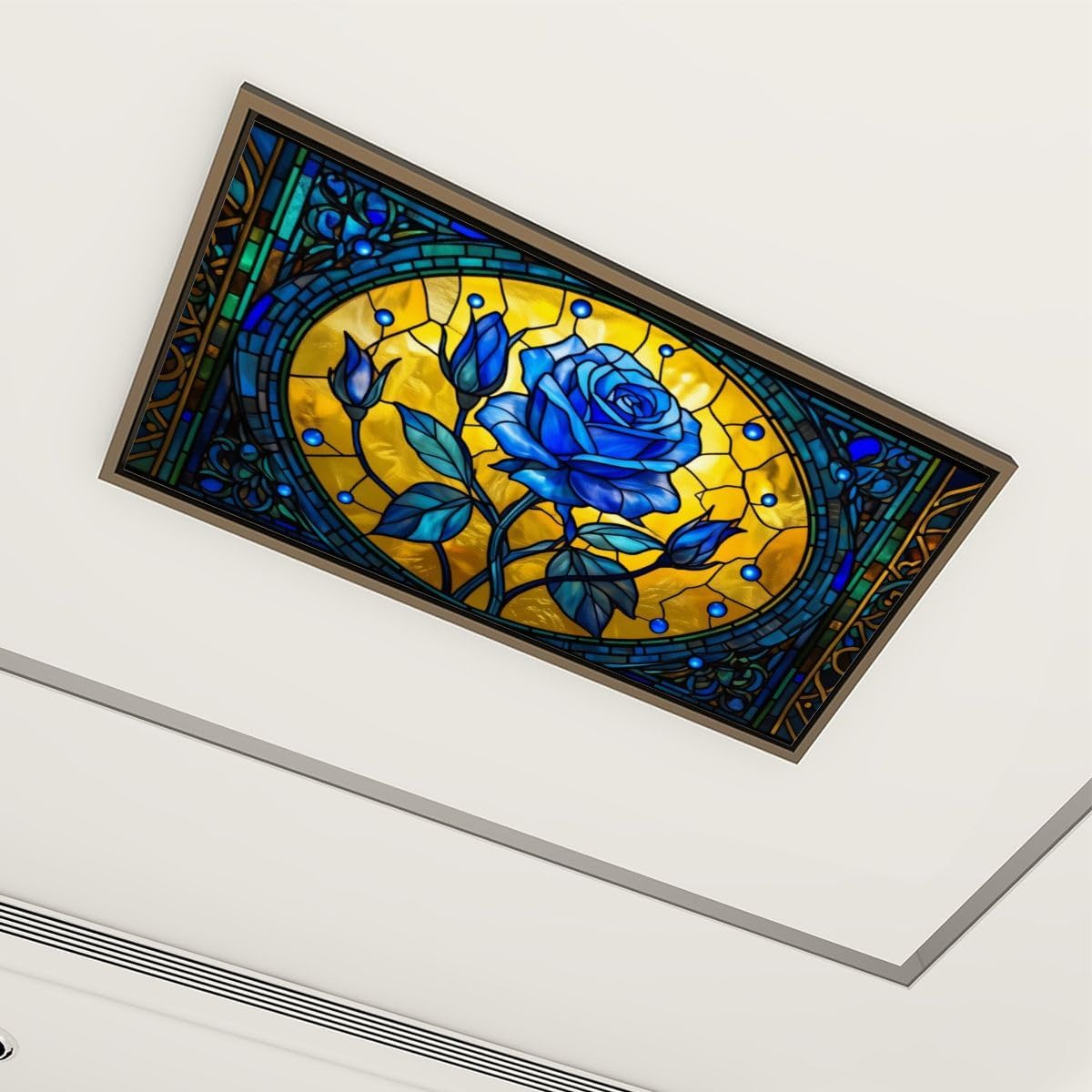 4 Pack Fluorescent Light Covers 4 x 2 ft Blue Rose Stained Glass Golden Circular Ornamental Frame Magnetic Ceiling Light Covers Fluorescent Lights Shade Panel for Office Classroom Home Hospital