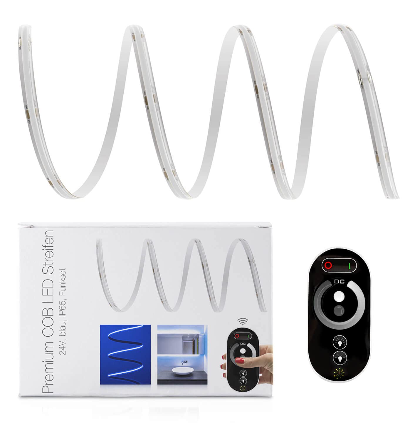 LED Universum Juego de tiras LED COB azul con mando a distancia, controlador y fuente de alimentación, filamento prémium, 24 V, IP65, monocolor (3 metros)