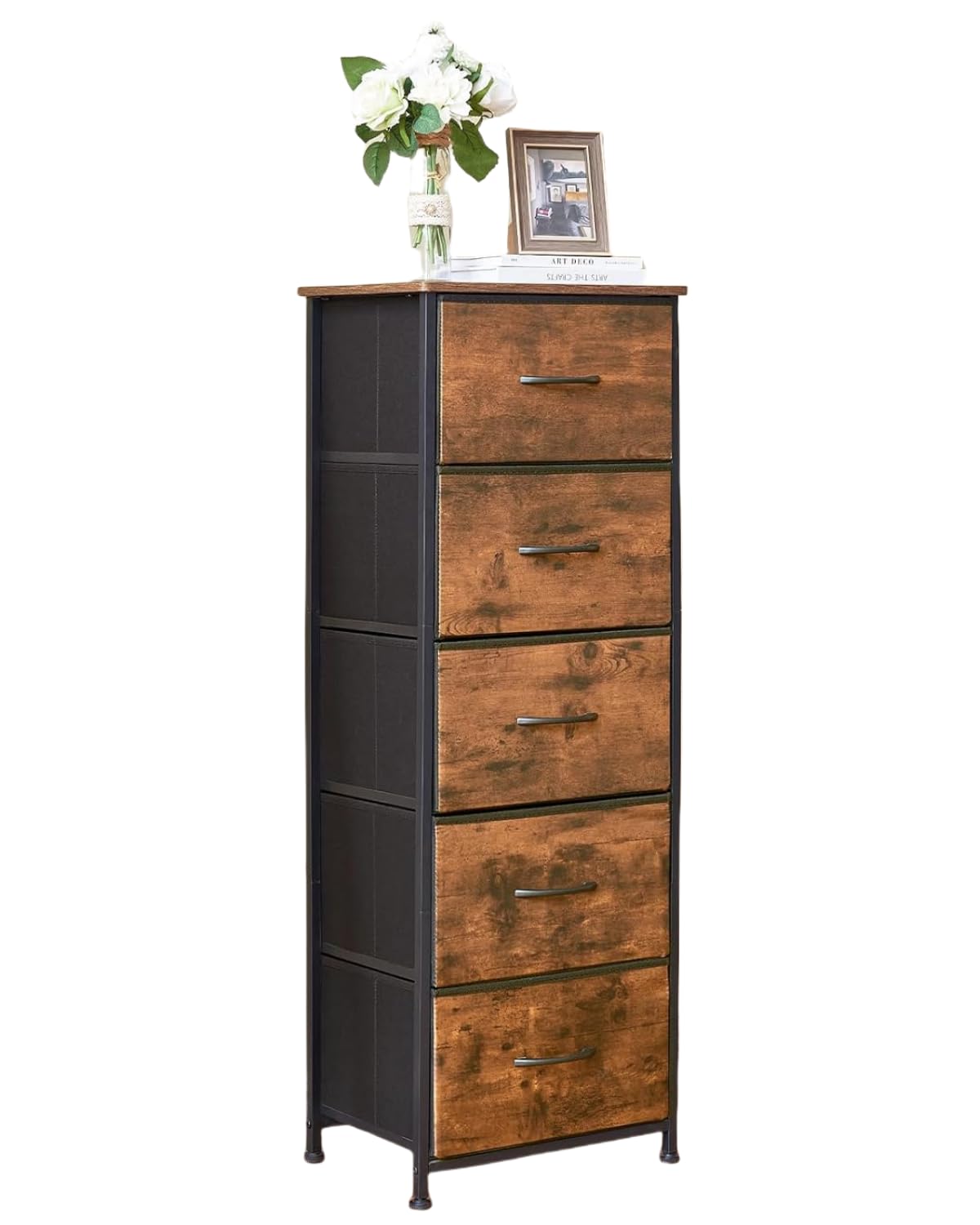 SKY-TOUCH 5 Chest of Drawers, Vertical Storage Drawers Tower Fabric Chest Dresser, Tall Organizer Dresser for Bedroom, Nursery, Closets, Sturdy Steel Frame with Wooden Top, Brown