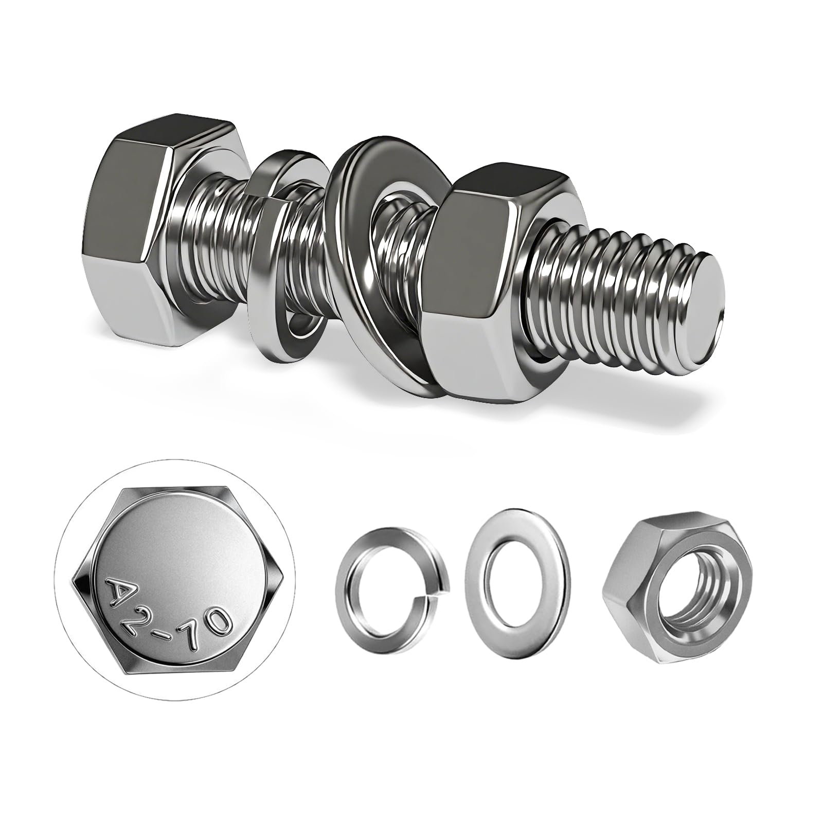BaiMoure 10PCS M10x60mm Hex Head Bolts Nuts Washers Set, 304 Stainless Steel Full Thread, Heavy Duty Hexagonal Bolt for Structural Repairs & Machinery Fixings