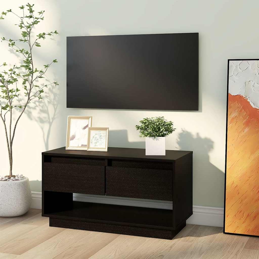 Czarna szafka pod telewizor 74x34x40 cm lite drewno sosnowe meble do salonu z szufladami i półką stabilna kompaktowa szafka RTV