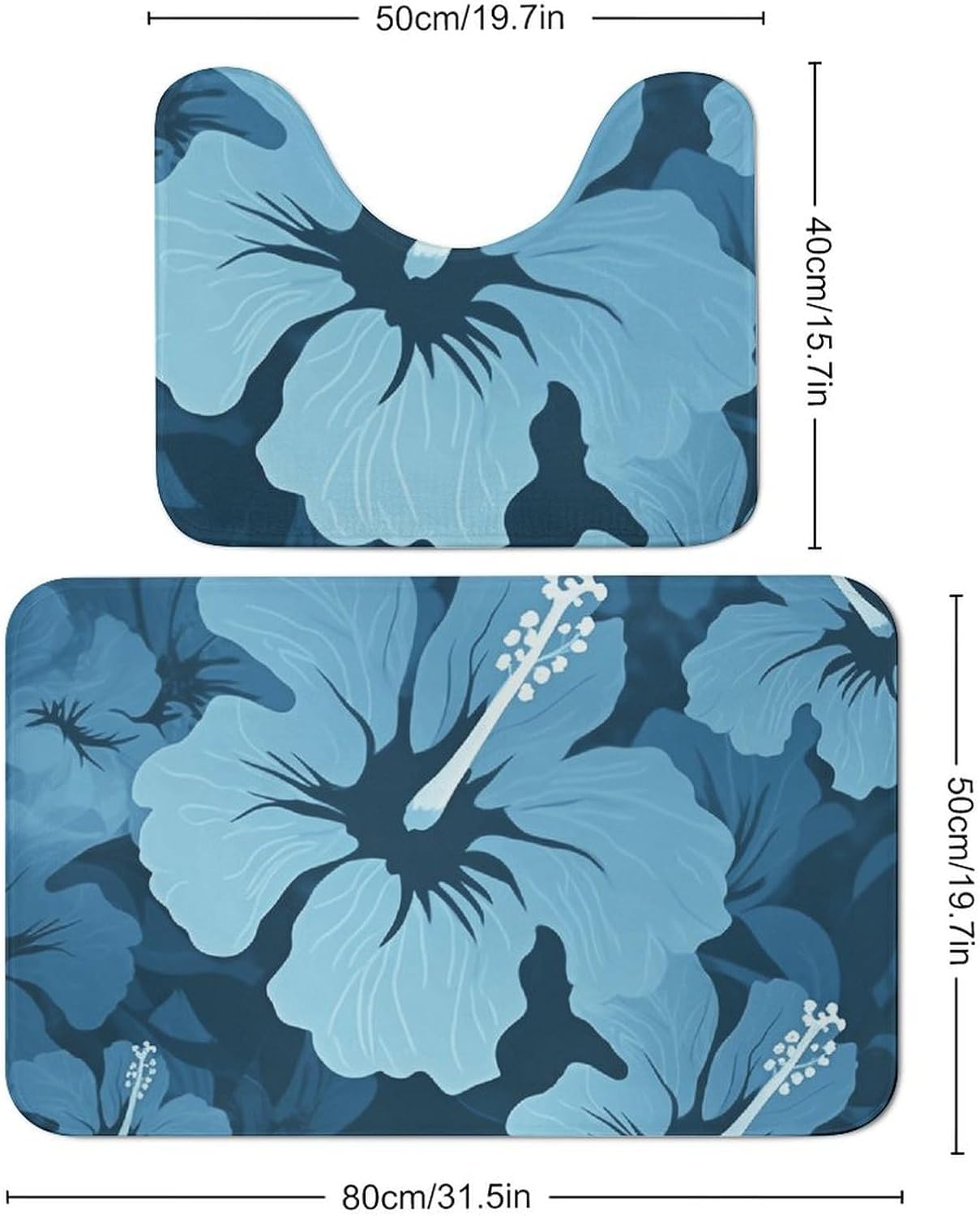 Bath Mat Set 2 Pieces Coral Velvet Bath Rug Non Slip Absorbent Microfiber Bathroom Rugs Quick Dry U-Shaped Toilet Rug Blue Hibiscus Bathmat Washable Soft Carpet