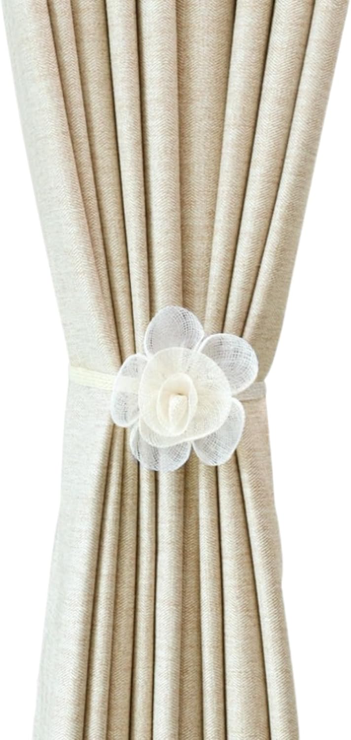 Curtain Ties 2 Pieces Cotton and Linen Five Petal Flower Curtain Buckle Magnet Strap No Perforated Installation Curtain Buckle Pink (White)