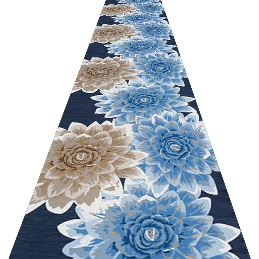 AOMRUN Alfombras De Pasillo Largo Entrada Felpudos Moqueta Corredor Alfombra de Granja Antideslizante Resistente a Las Manchas con diseño de Flores Azules, Personalizable