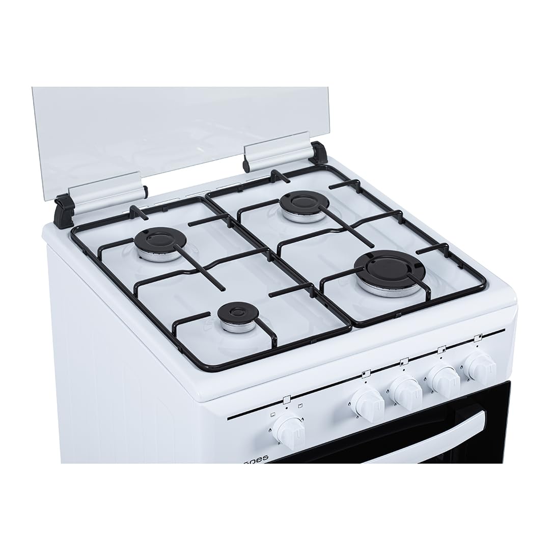 Aspes Cocina Gas Butano, 4 Zonas de Cocción, Horno 55L, Blanco, AKG4501. Control Manual, 2 Programas de Cocción, Compartimento Bombona, Cristal en Puerta Doble Capa, Tapa Abatible