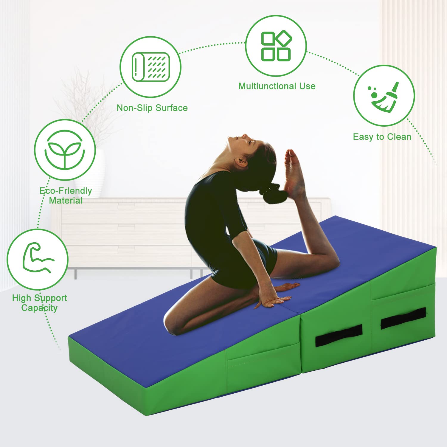Tappetino da ginnastica, 121 x 61 cm, con superficie antiscivolo in PVC, per bambini e adulti, pieghevole, per ginnastica domestica, con manici