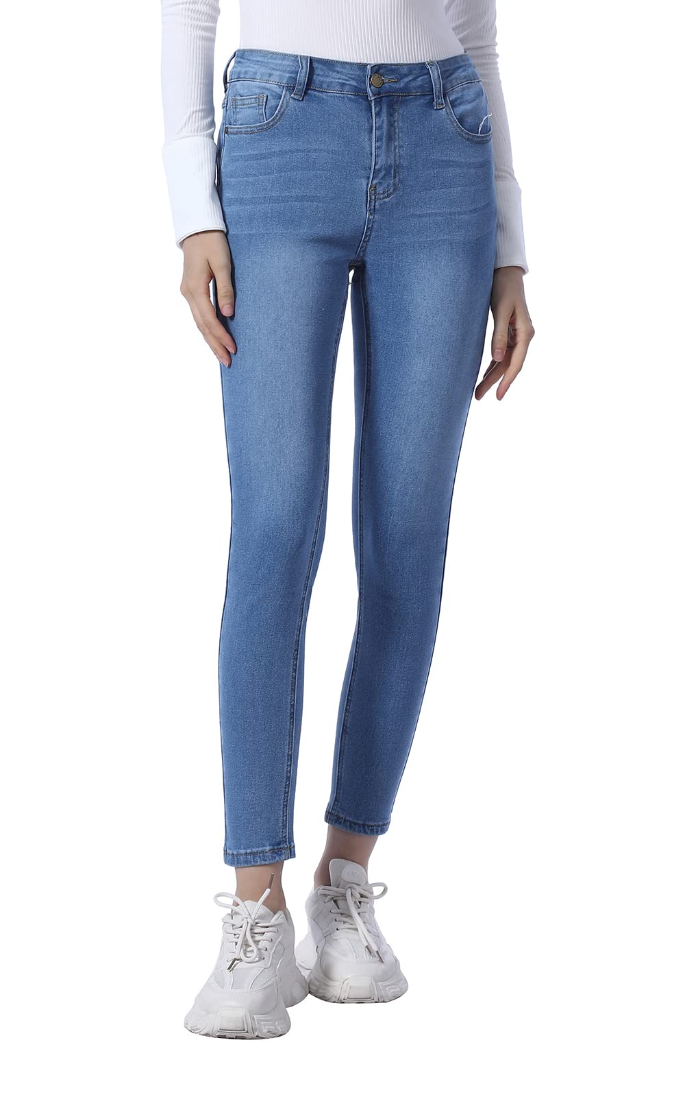 Photo 1 of Women's High Waist Solid Color Jeans Stretch Distressed Straight Leg Leggings with Pockets Pants