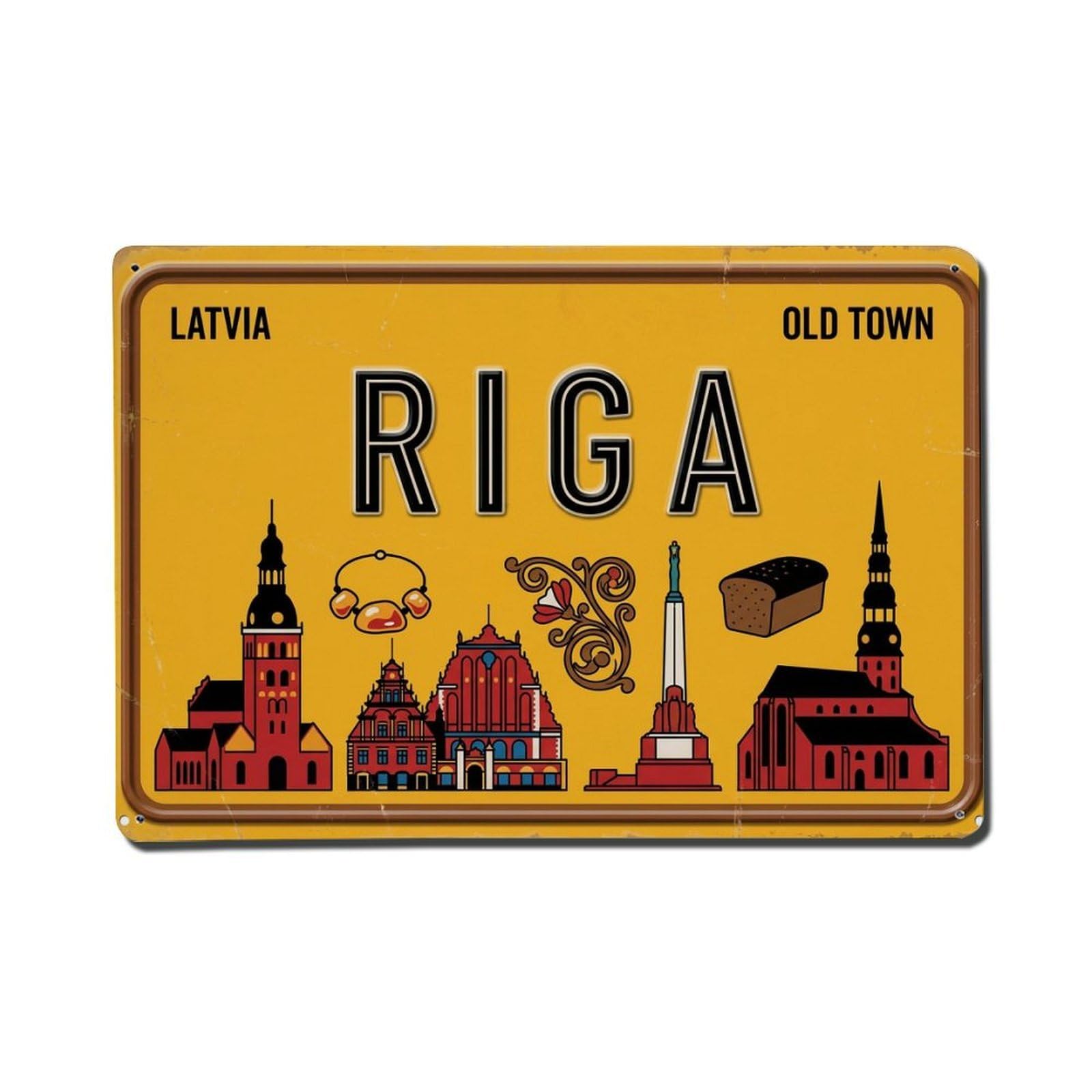 Xanthor Style Vintage Travel Riga Latvia Cathedral Amber Metal Tin Sign