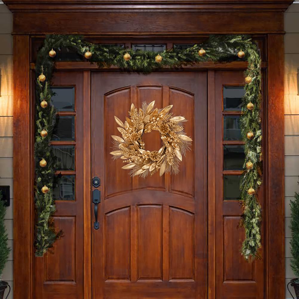 40CM Weihnachtskranz Goldener Künstlicher Türkranz mit Magnolienblättern Beeren Tannenzapfen Weihnachtsdeko für Winter Weihnachten Dekoration
