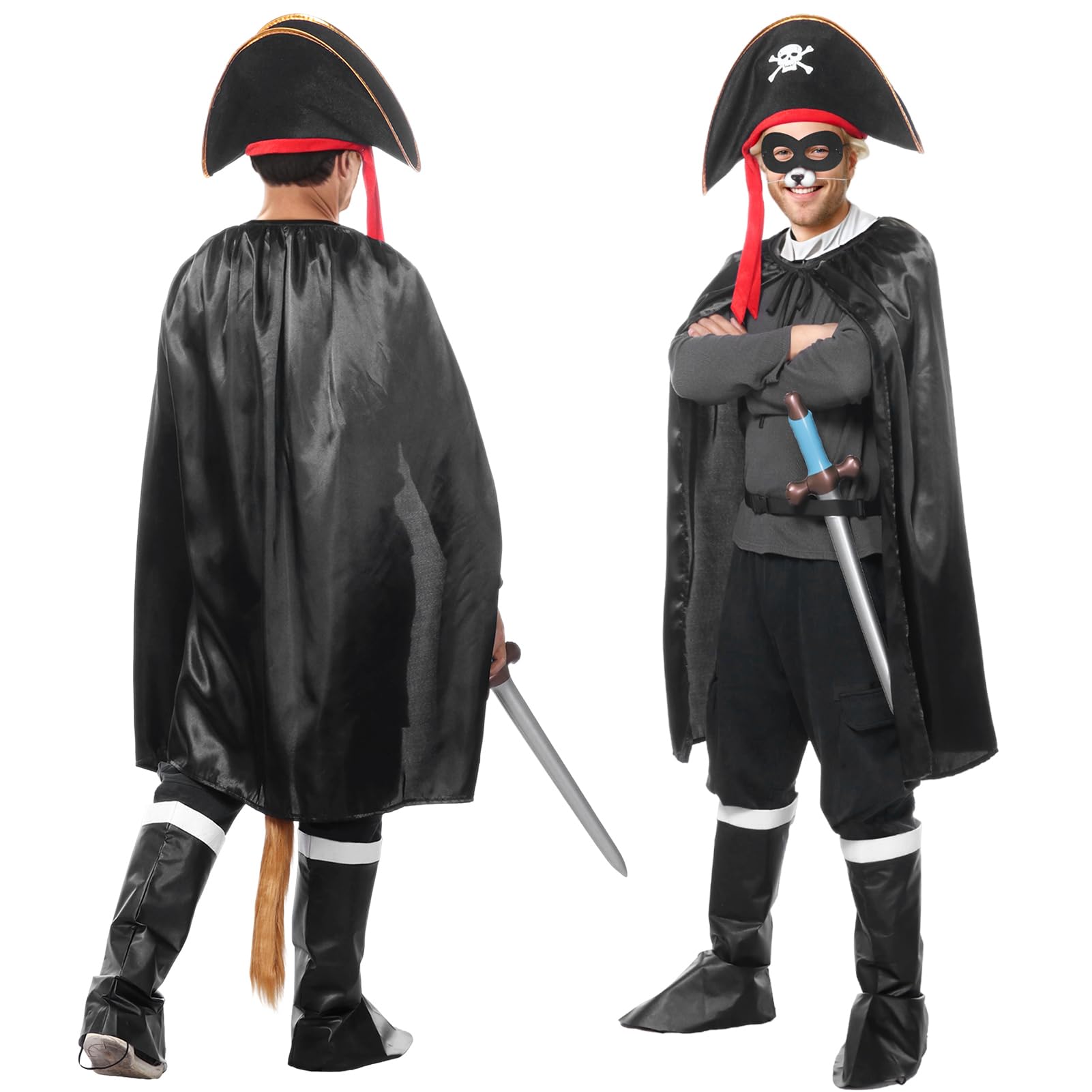 Apparlxer Cat Bandit Costume,7Pcs Cat in Boots Outfits Set Pirate Costume Include Cloak Eye Patch Pirate Hat Shoe Covers Tail Nose Handheld Props,World Book Day Costumes for Men - Image 3