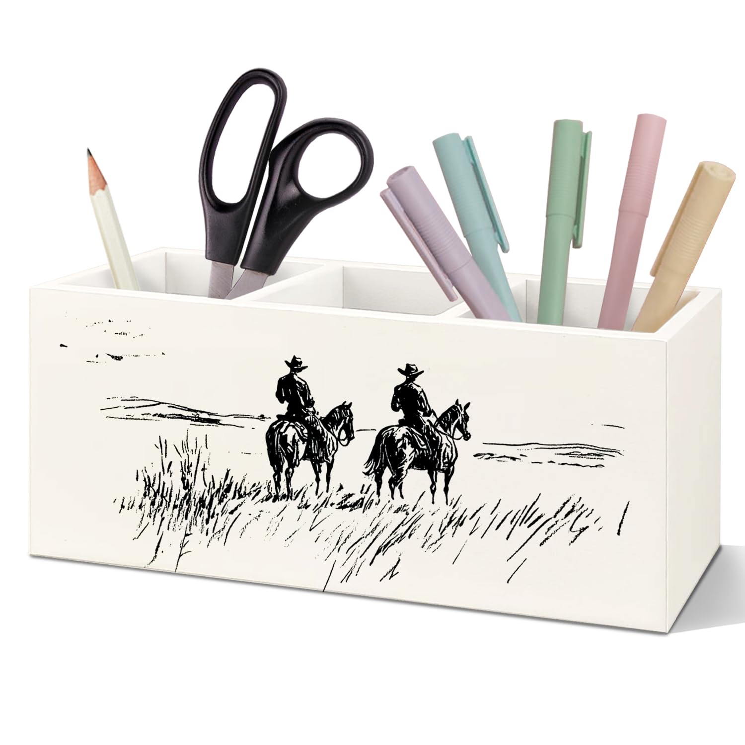 SNNDER Portapenne da scrivania, stile vintage con cowboy, stile country western, in legno, decorazione da scrivania, decorazione da tavolo per la casa, organizer per matite sudoccidentale, idea regalo