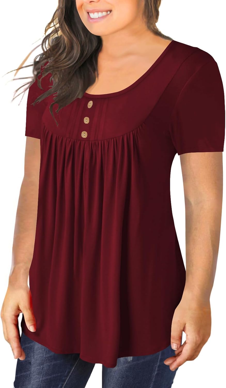BeadChica Women's Plus Size Tunic Tops Casual Flowy Tshirts Ruched Botton Up Short Sleeve Blouses-Red-XL - Image 2