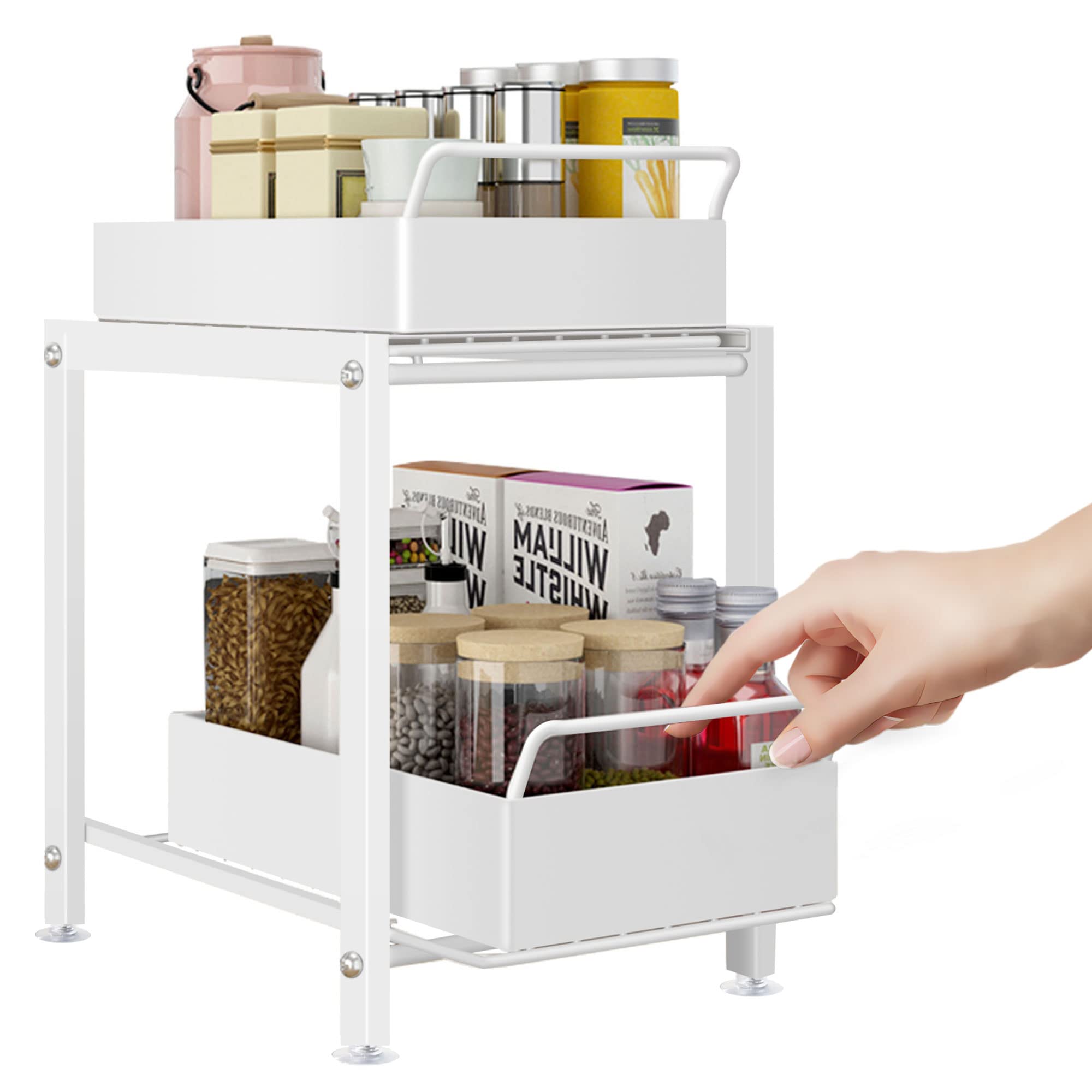 Metal Under Sink Organizers and Storage for Kitchen Undersink Organizers for Bathroom 2 Tier Pull-out Sliding Drawers Undersink Cabinet Organizer with Anti-rust Coating Handles White