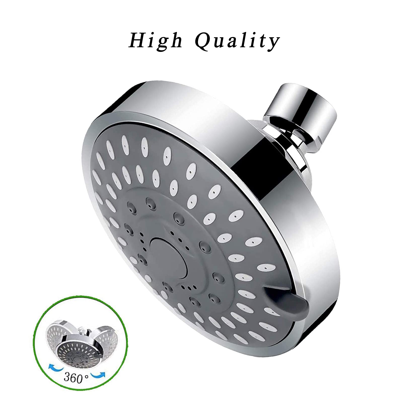 Soffione Doccia Ad Alta Pressione,Testa Doccia Tonda,Getto a Cascata Ad Alta Pressione Effetto Pioggia,5 Impostazioni Spruzzo,Per Soffioni Doccia Da Bagno(Argento,4in)