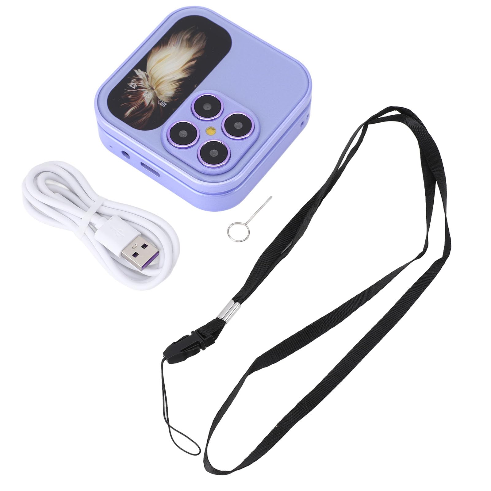 Bewinner El Teléfono Celular Más Pequeño con Tapa: Nano SIM Dual, Radio FM, Reproductor Multimedia 2G, Linterna LED, Cámara Trasera HD, Cordón para Personas Mayores (Violeta)