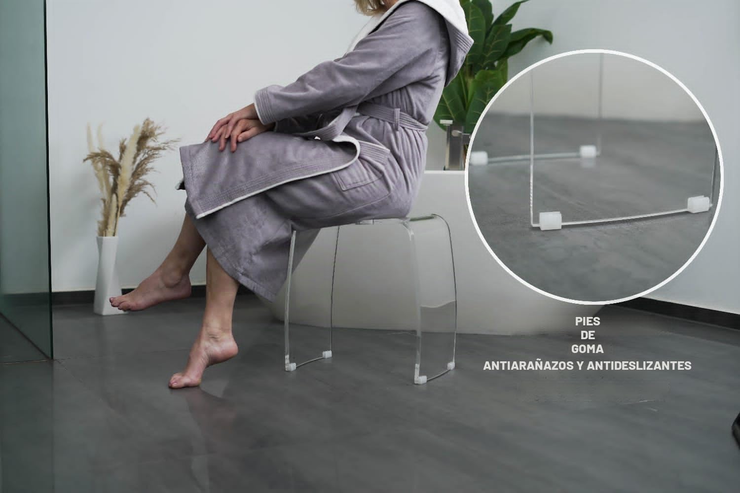 Taburete de Baño Meran – Taburete de Ducha de Acrílico Transparente con Asidero, Asiento Ergonómico, Patas Antideslizantes y Diseño Moderno (hasta 180 kg)