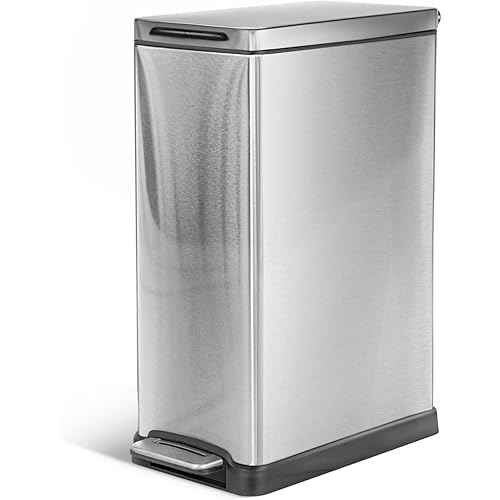 Home Zone Living 12 Gallon Slim Kitchen Trash Can, Stainless Steel, Step Pedal, 45 Liter