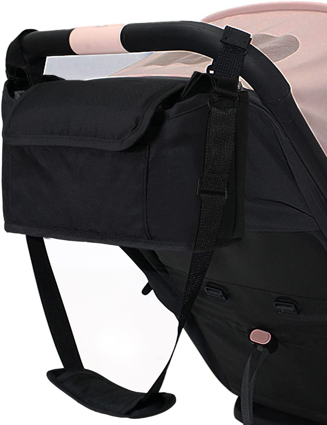 AOOPOO Stroller Organizer Pram Bag,Pram Buggy Organiser Bag Universal Baby Stroller Storage Bag Pushchair Organiser with Mobile Phone Pocket,Zipper Pocket,2 Cup Holders & Shoulder Strap (Black)