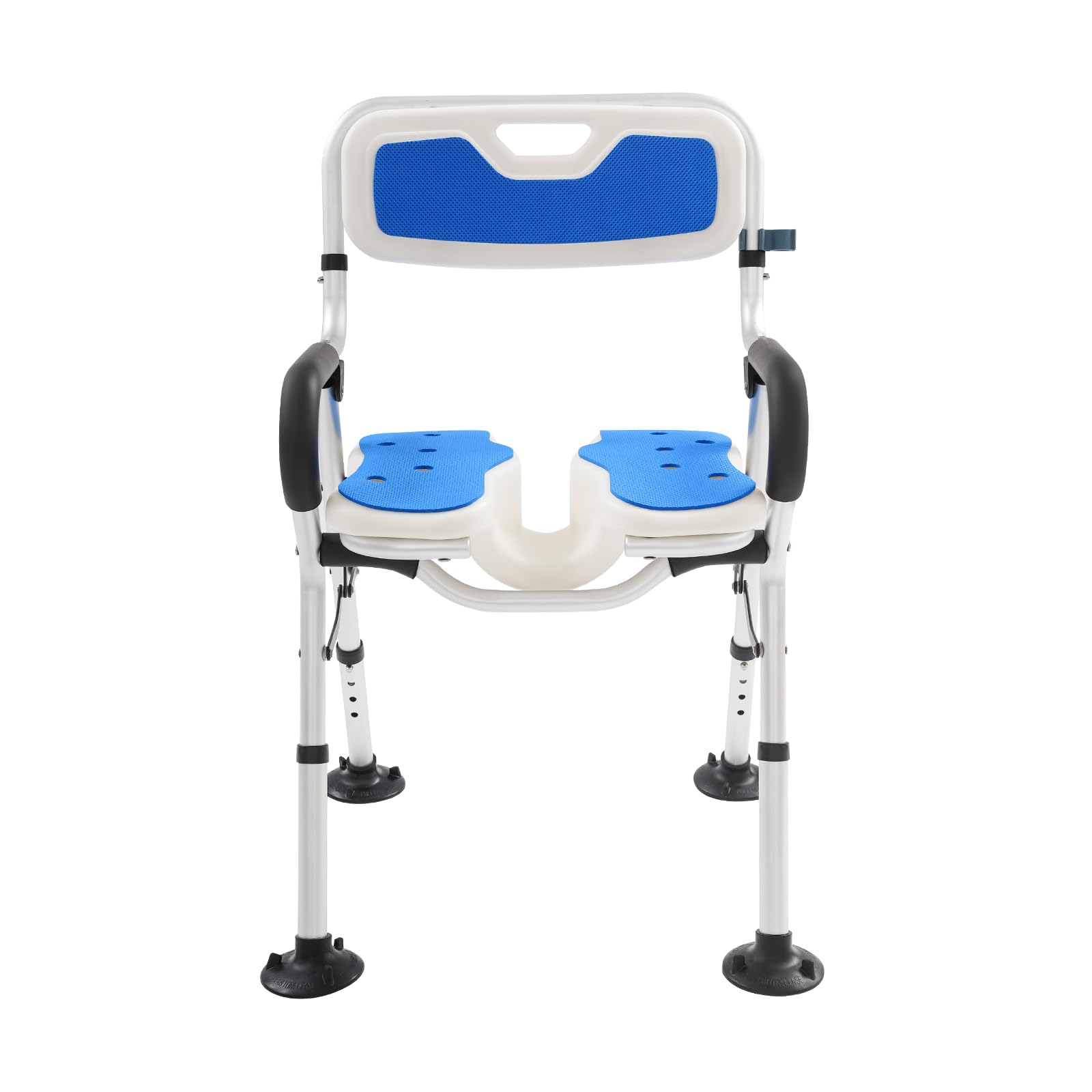 Silla de ducha en forma de U con respaldo y reposabrazos, plegable, antideslizante, altura regulable (72-79 cm), hasta 150 kg, para personas mayores y personas