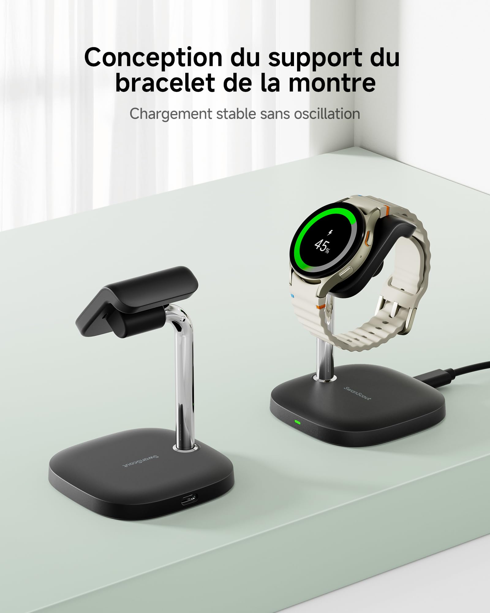 SwanScout Support de Chargeur pour Samsung Galaxy Watch, Chargement Rapide pour Samsung Galaxy Watch Ultra(2025)/8/8 Classic/7/Ultra/6/6 Classic/5/5 Pro/4/3/Active 2, SwanScout 505S (Noir)