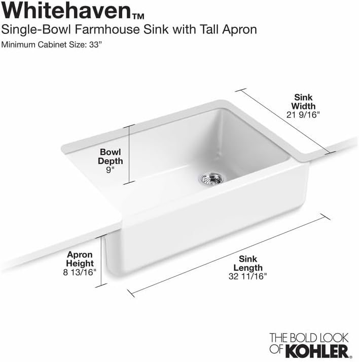 WHITEHAVEN®, UC, 33, TALL APRON SINK + 3/4HP Garbage Disposal