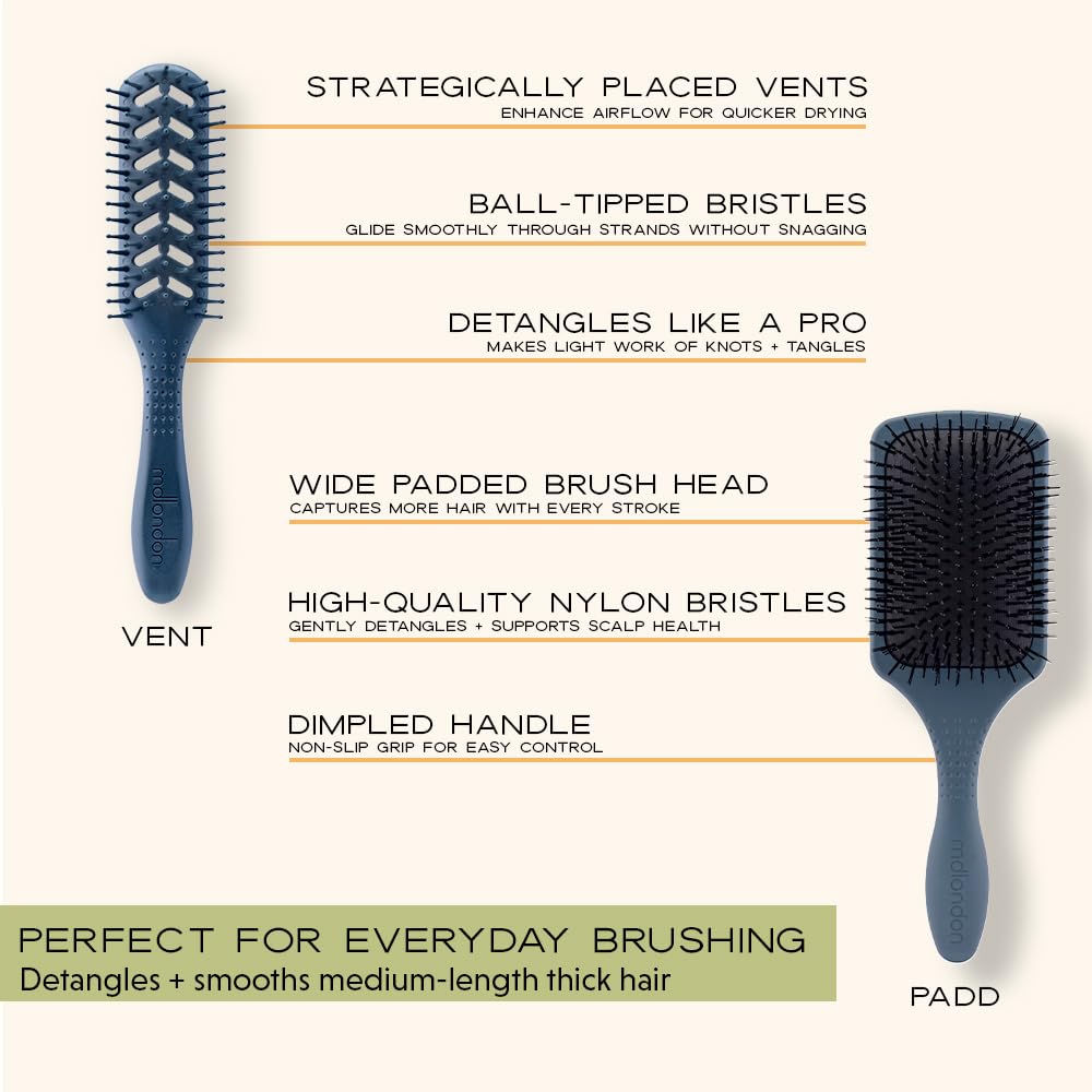 mdlondon Medium Length Thick Hair BRUSH Set (Casal Blue). Includes RADIAL 2 & 3 for Root Lift VENT for Detangling & PADD Paddle Brush for Scalp Health - Image 4